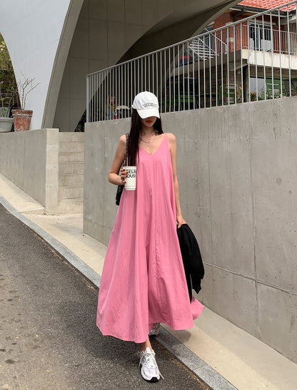 【F60632】南法度假微性感🌴法式氣質V領露背慵懶細肩帶連身洋裝260713