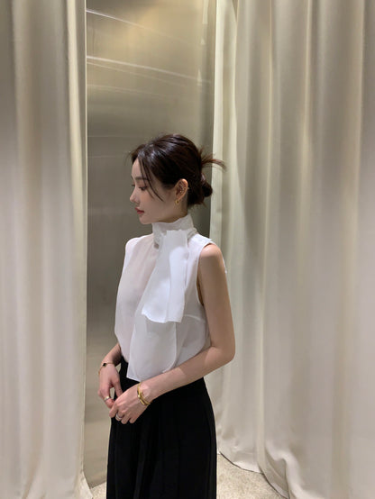 【F60378】現貨韓國夏季法式設計感飄帶雪紡上衣250512