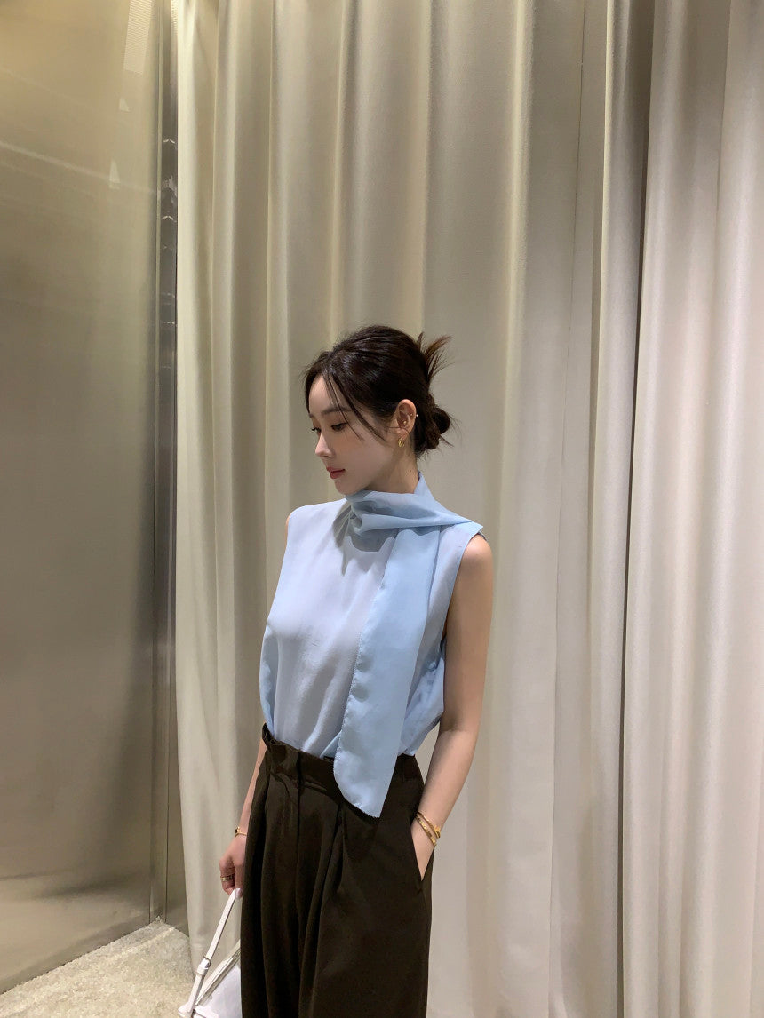 【F60378】現貨韓國夏季法式設計感飄帶雪紡上衣250512