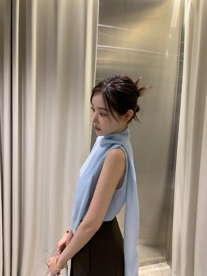 【F60378】現貨韓國夏季法式設計感飄帶雪紡上衣250512