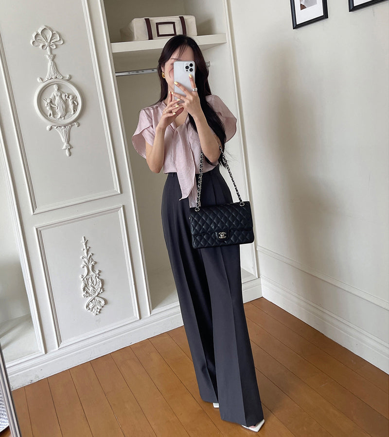 【F60413】韓國夏季法式荷袖飄帶上衣250526