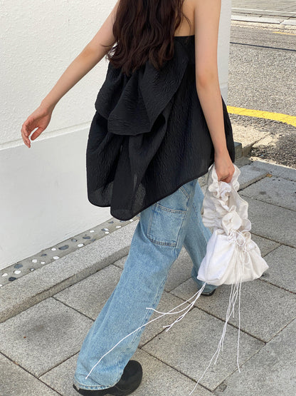 【F60377】實拍韓國設計粉色肌理蝴蝶結吊帶上衣250512