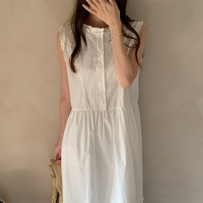 【F60421】實拍法式復古小荷葉拼接繫帶收腰洋裝250526