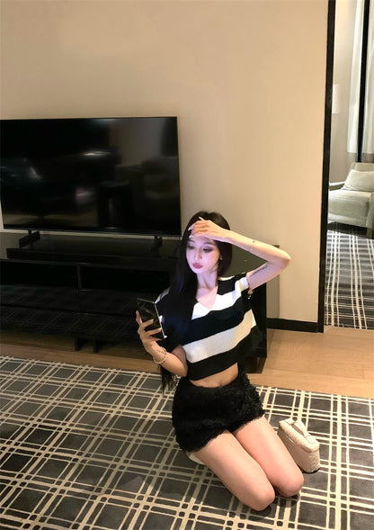 【F60466】實拍夏日大條紋短袖針織250616