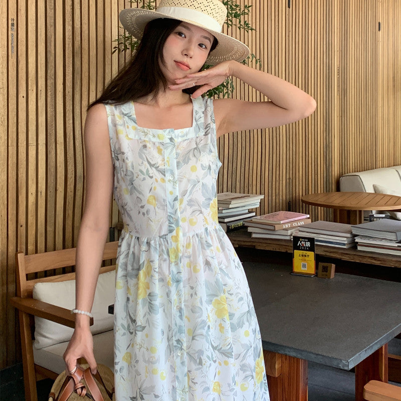【F60429】實拍法式度假清新碎花方領復古洋裝250609
