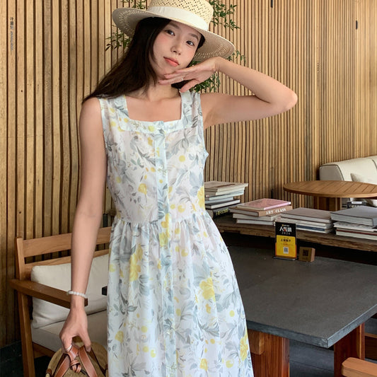 【F60429】實拍法式度假清新碎花方領復古洋裝250609