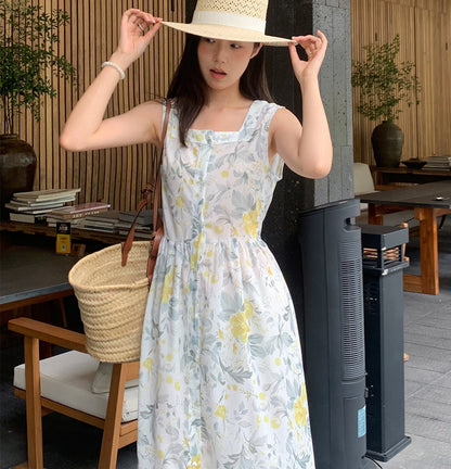 【F60429】實拍法式度假清新碎花方領復古洋裝250609
