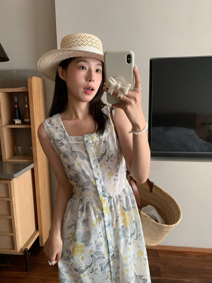 【F60429】實拍法式度假清新碎花方領復古洋裝250609