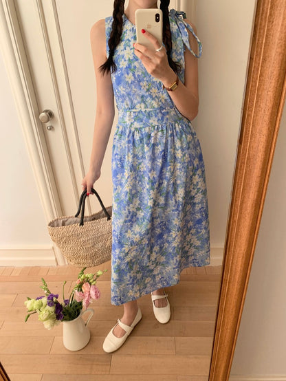 【F60484】實拍韓系甜美碎花小清新繫帶洋裝250616