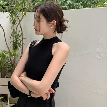 【F60409】韓國氣質簡約掛脖針織背心250526