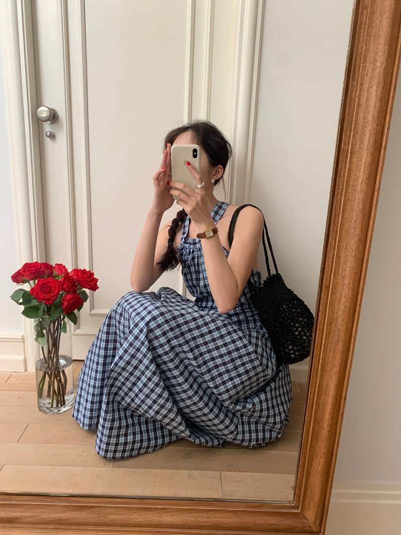 【F60485】實拍法式度假格子繫帶後背洋裝250616