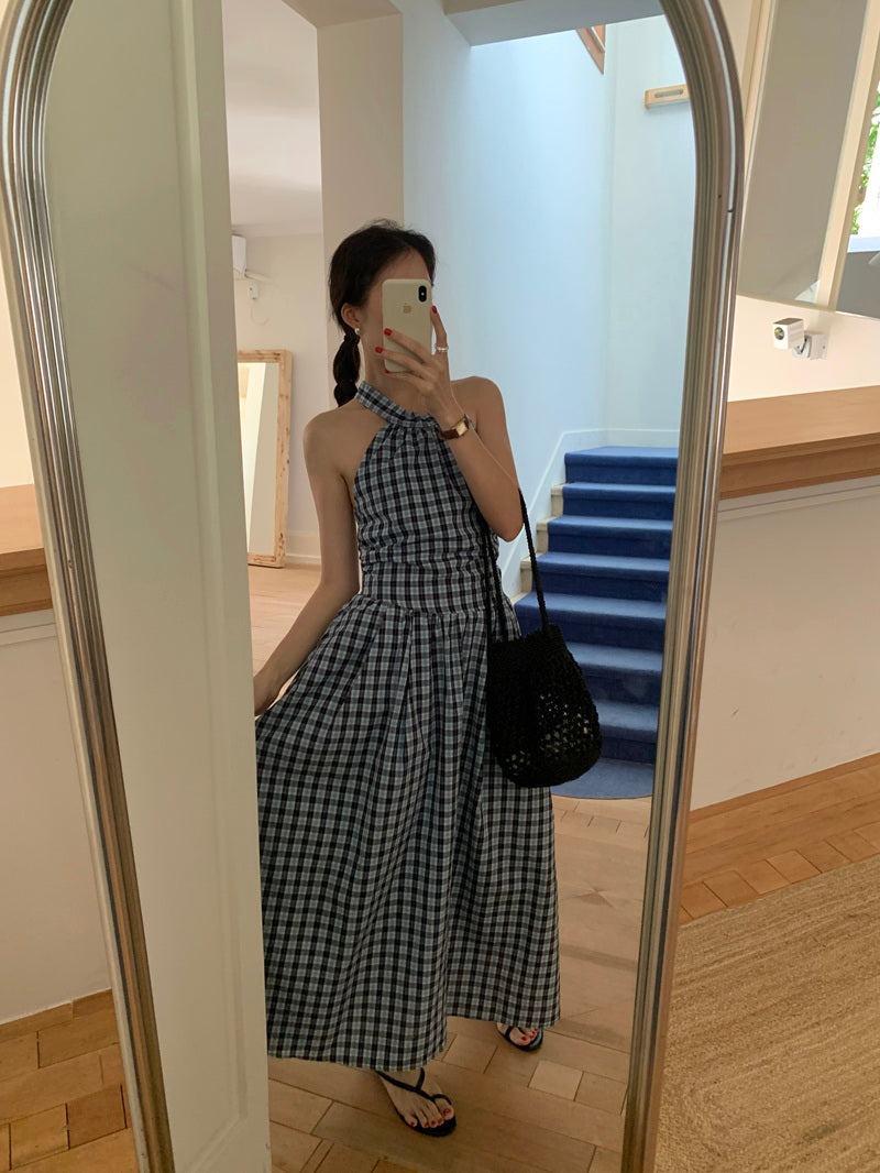 【F60485】實拍法式度假格子繫帶後背洋裝250616