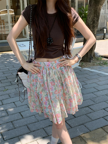 【F60398】實拍復古顯瘦T恤＋雪紡碎花裙(分開下單）250526