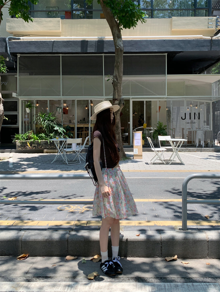 【F60398】實拍復古顯瘦T恤＋雪紡碎花裙(分開下單）250526