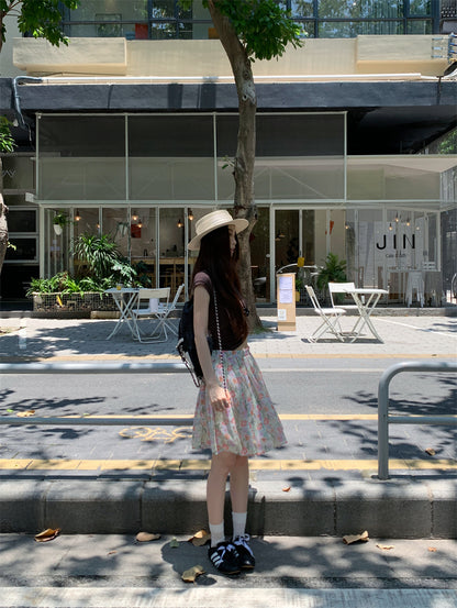 【F60398】實拍復古顯瘦T恤＋雪紡碎花裙(分開下單）250526