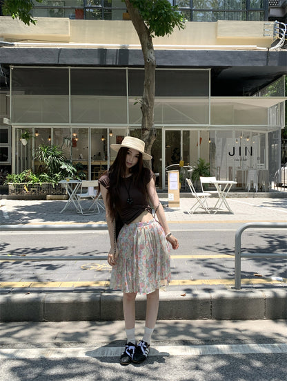 【F60398】實拍復古顯瘦T恤＋雪紡碎花裙(分開下單）250526