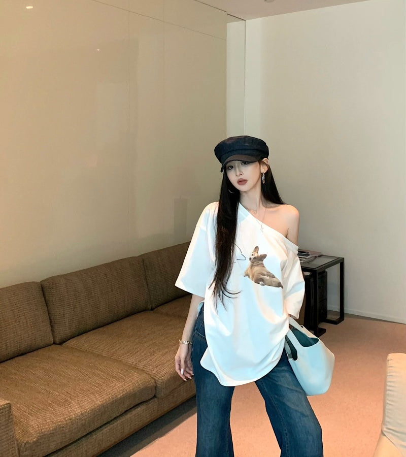【F60465】實拍美式寬鬆印花斜肩T恤250616