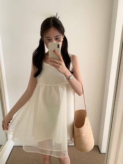 【F60486】實拍韓系甜美後綁蝴蝶結網紗2件式洋裝250616