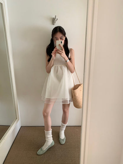 【F60486】實拍韓系甜美後綁蝴蝶結網紗2件式洋裝250616