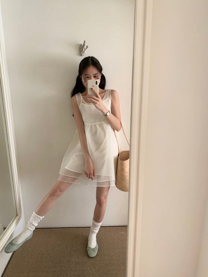 【F60486】實拍韓系甜美後綁蝴蝶結網紗2件式洋裝250616
