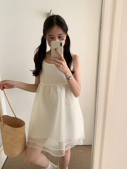 【F60486】實拍韓系甜美後綁蝴蝶結網紗2件式洋裝250616