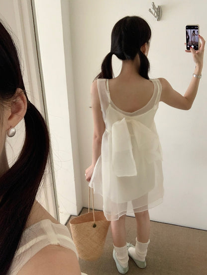 【F60486】實拍韓系甜美後綁蝴蝶結網紗2件式洋裝250616
