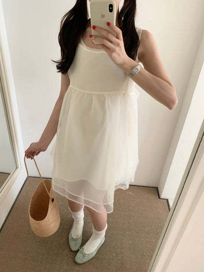 【F60486】實拍韓系甜美後綁蝴蝶結網紗2件式洋裝250616