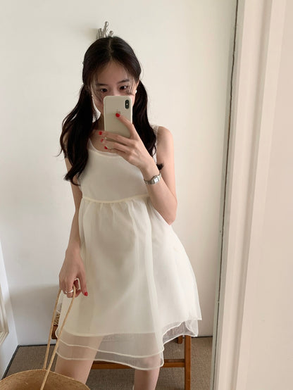 【F60486】實拍韓系甜美後綁蝴蝶結網紗2件式洋裝250616