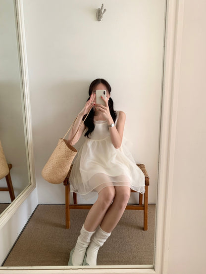 【F60486】實拍韓系甜美後綁蝴蝶結網紗2件式洋裝250616