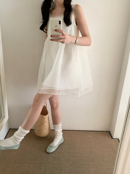 【F60486】實拍韓系甜美後綁蝴蝶結網紗2件式洋裝250616