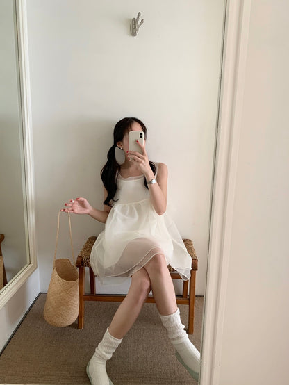 【F60486】實拍韓系甜美後綁蝴蝶結網紗2件式洋裝250616