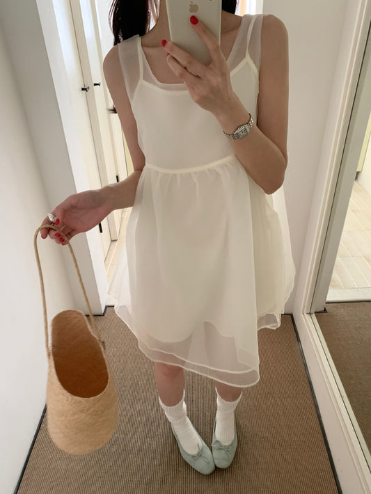 【F60486】實拍韓系甜美後綁蝴蝶結網紗2件式洋裝250616