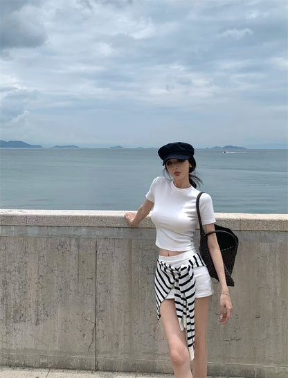 【F60469】實拍美式運動休閒短袖T恤+褲裙 套裝250616