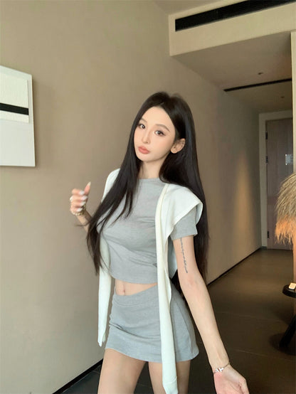 【F60469】實拍美式運動休閒短袖T恤+褲裙 套裝250616