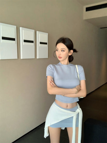 【F60469】實拍美式運動休閒短袖T恤+褲裙 套裝250616