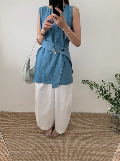 【F60450】實拍簡約設計款洗水牛仔背心＋腰帶250609