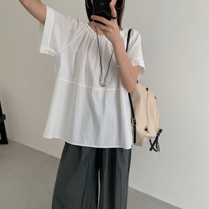 【F60452】實拍極簡舒適寬鬆純棉短袖襯衫250609