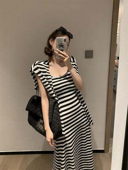 【F60431】實拍夏天度假感條紋披肩＋吊帶舒適長洋裝250609