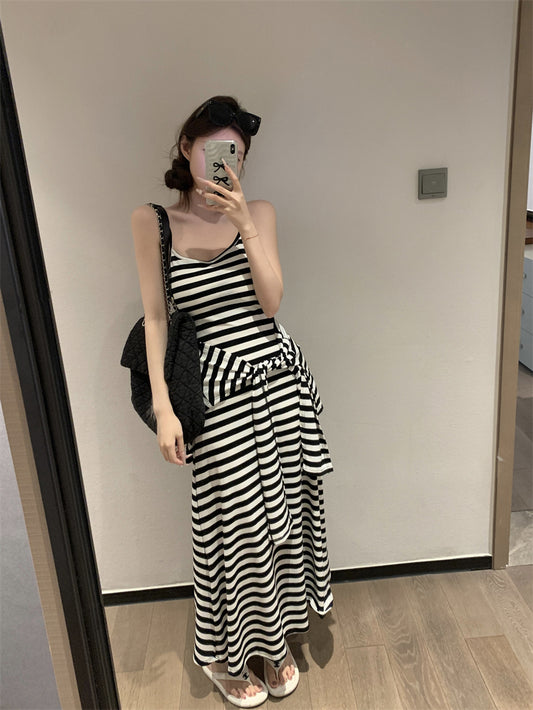 【F60431】實拍夏天度假感條紋披肩＋吊帶舒適長洋裝250609