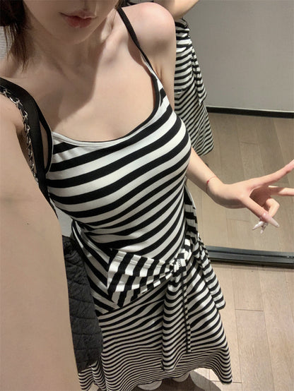 【F60431】實拍夏天度假感條紋披肩＋吊帶舒適長洋裝250609