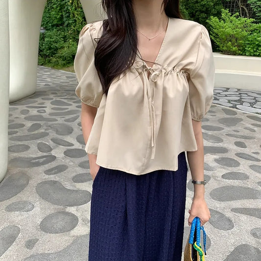 【F60477】夏季法式抽繩泡泡袖襯衫250616