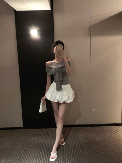 【F60433】實拍法式天絲羊毛綁帶露肩T恤250609