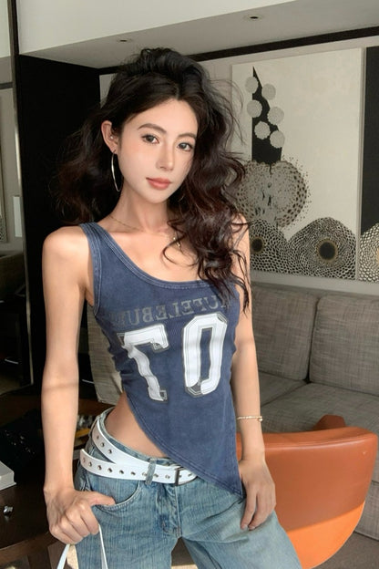 【F60434】實拍美式辣妹斜肩不規則洗舊印花背心250609