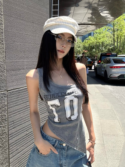 【F60434】實拍美式辣妹斜肩不規則洗舊印花背心250609