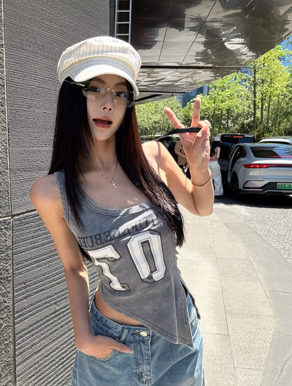 【F60434】實拍美式辣妹斜肩不規則洗舊印花背心250609
