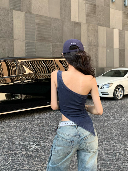 【F60434】實拍美式辣妹斜肩不規則洗舊印花背心250609