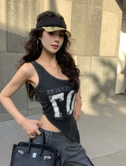 【F60434】實拍美式辣妹斜肩不規則洗舊印花背心250609