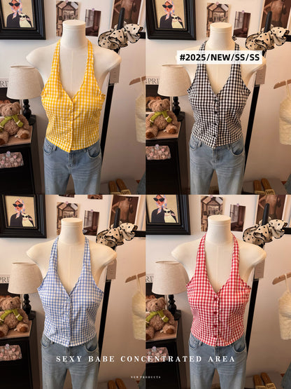 【F60426】實拍日系清新格子吊帶背心（含胸墊）250609