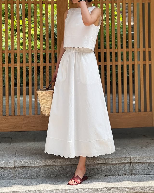【F60640】韓系氣質小千金🤍甜美波浪邊無袖背心+高腰A字半身裙套裝260713