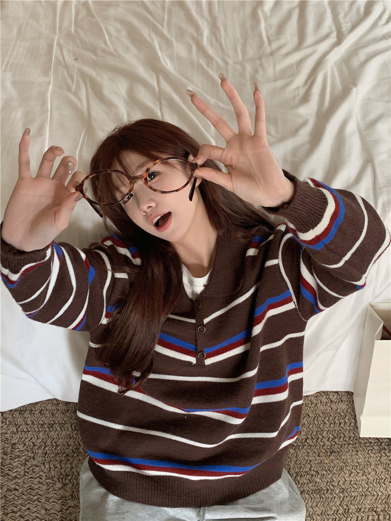 【F60727】復古撞色・翻領條紋寬鬆針織上衣260928